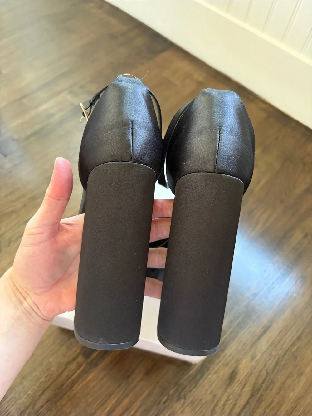 Satin Platform Block Heel Pumps in Black